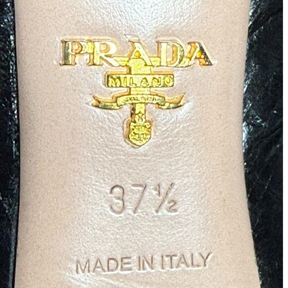 PRADA Peep Toe Heels Women 37.5 Black Leather Classic Luxury Vintage Pinup Logo - Picture 15 of 16